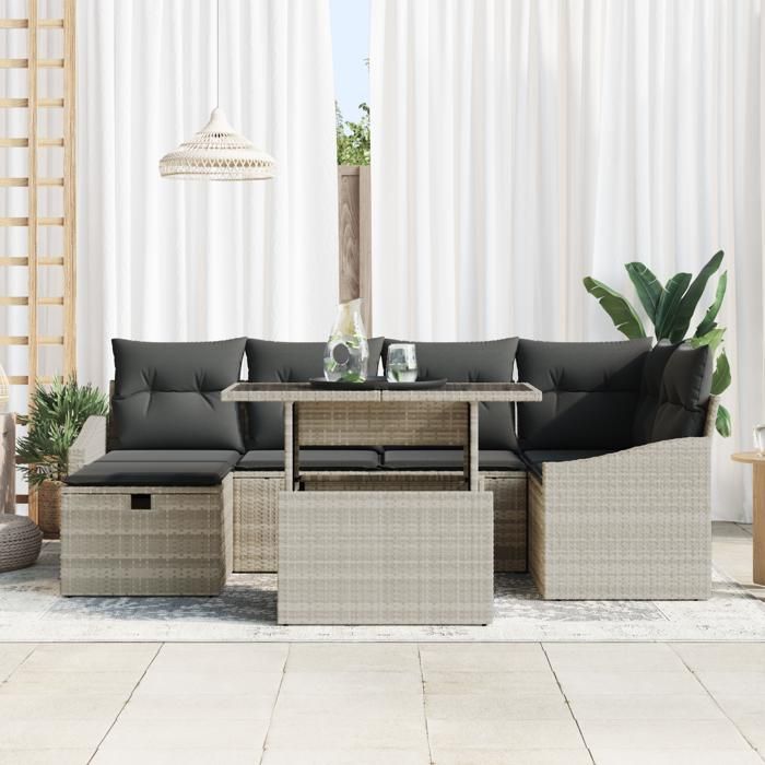 VidaXL Ensemble Canapé Jardin 7 Pièces avec Coussins Gris Clair Poly Rattan 3361171