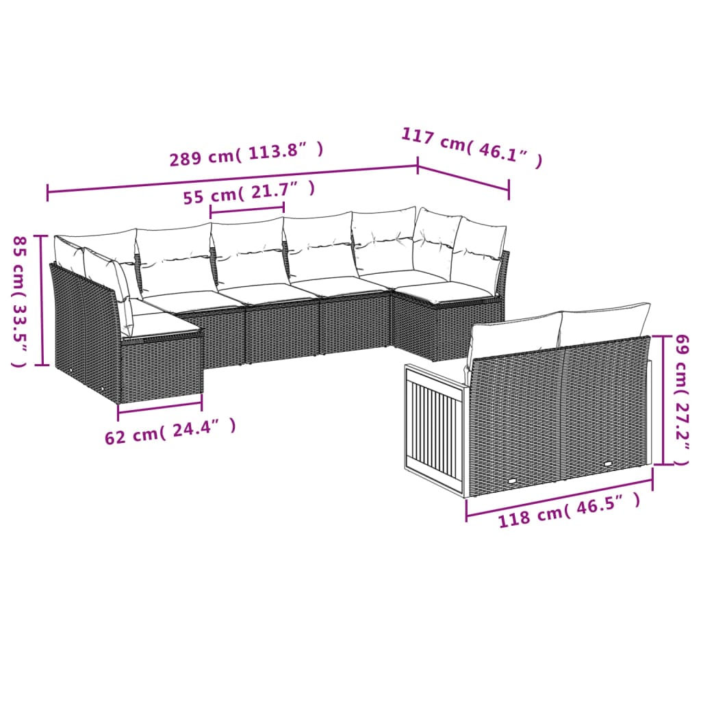 Vidaxl 9-Cz. Garden Furniture Set With Cushions, Beige, Poly Rattan