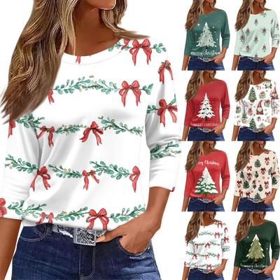 Blusa con cuello redondo y mangas 3/4 con estampado navideño para mujer