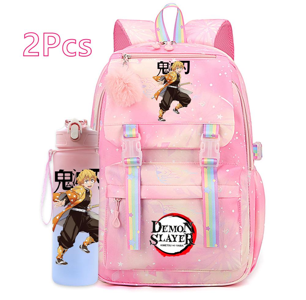2Pcs/set Cartoon Demon Slayer Printed Backpack with 750Ml Water Bottler for Teenager Bookbag Large Capacity Waterproof Travel Bag