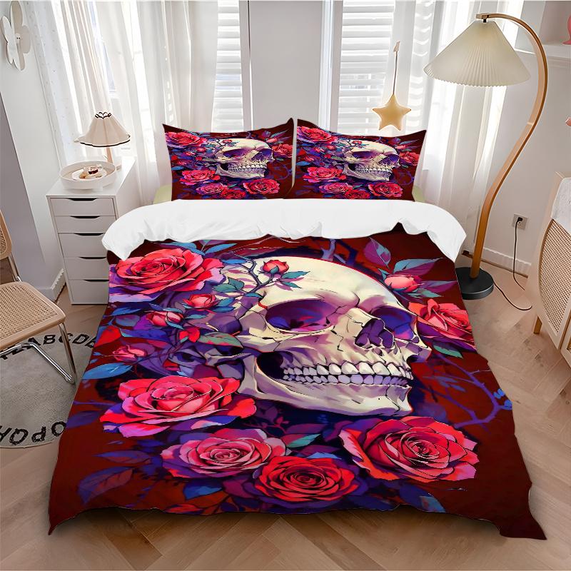 3-teiliges Schädel und Rosen Bettwäsche-Set - Weiches & Bequemes Polyestergewebe, Ganzjahres-Atmungsaktives Bettdecken-Set Für 1 Bettbezug & 2 Kissenbezüge
