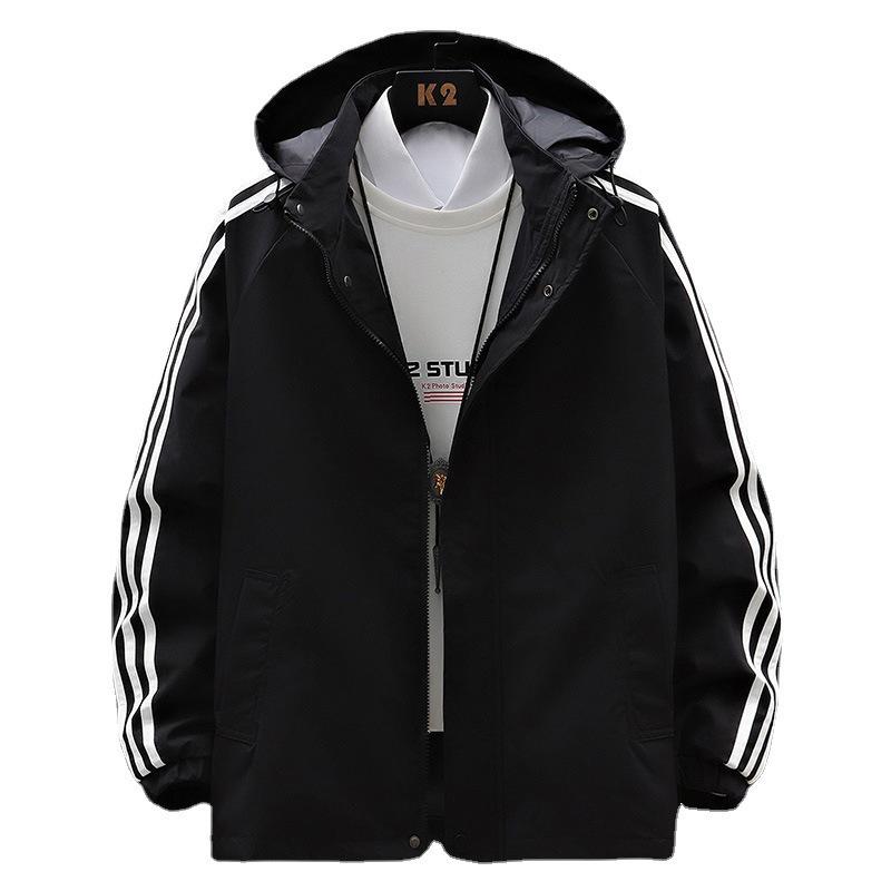 Men's Three-Stripe Hooded Windbreaker Jacket - Trendy High Street Casual Fashion for Spring and Autumn.