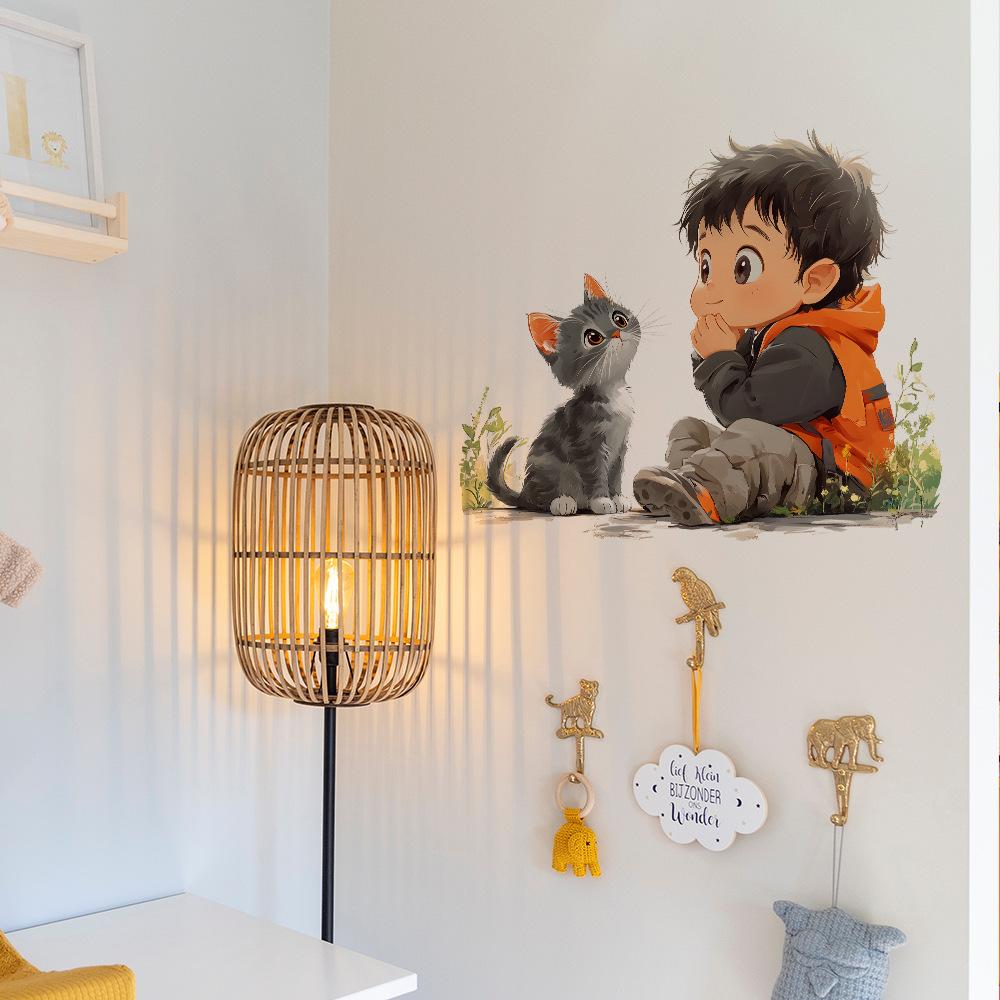 Cartoon Boy Cute Kitten Bedroom Living Room Home Background Beautification Decoration Wall Stickers