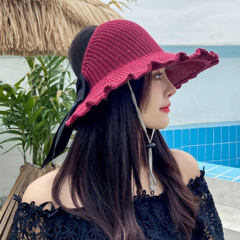 Summer Big Bows Ruffle Brim Cap Fordable Bucket Panama Caps New Knitted Free Top Sun Hat
