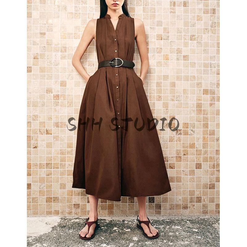 Summer New Women clothes Pleated Decorative Single-Breasted With Belt V-neck Sleeveless Midi Dress 5029101