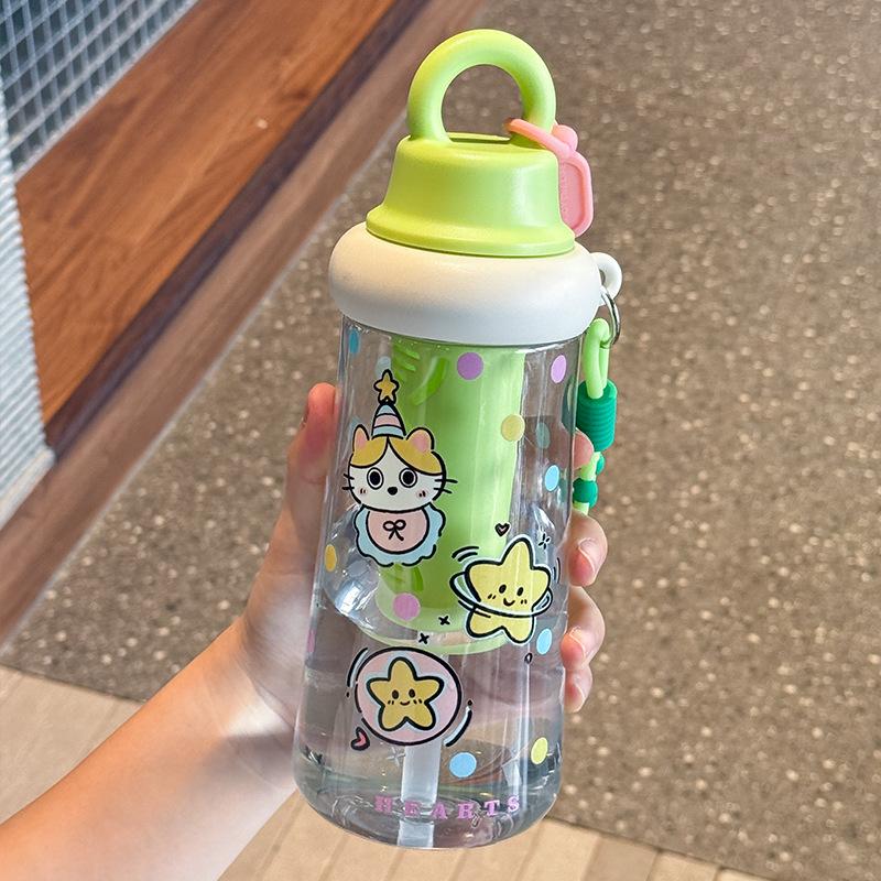 Water bottle girls water cup high value cartoon cute tea plastic cup oblique span portable student summer straw cup