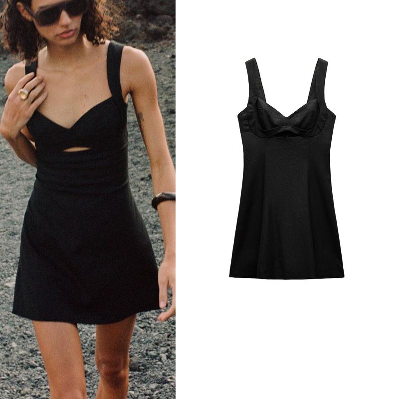 Spring New Arrival Linen Blend Strap Short Black Dress Women's Clothing Casual Elegant Dress 8651396