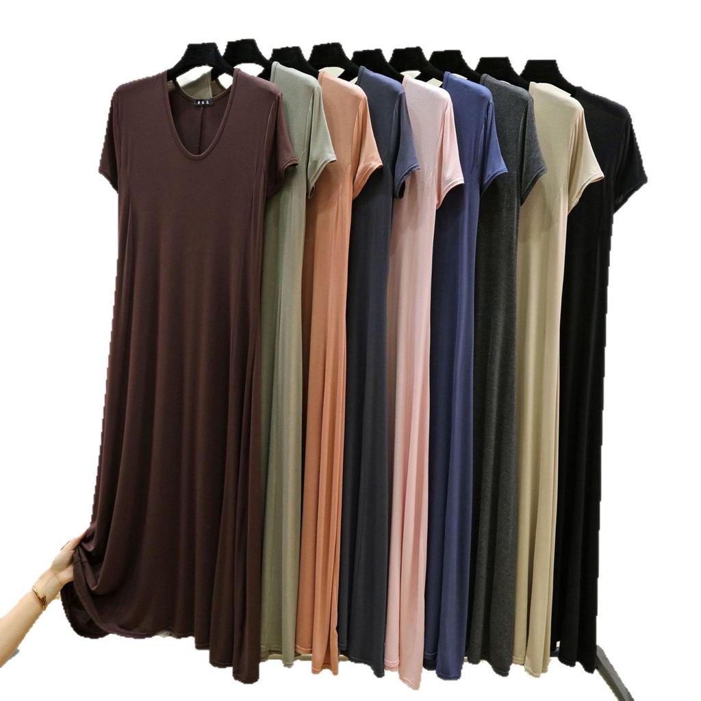Women's Modal Short-Sleeve Long Summer Dress - Loose, Casual Plus Size Home & Outdoor Wear