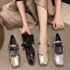Mary Jane Shoes Glossy Leather Ballet Flats  Fashion Pleated Low Heel Single Shoes for Women Soft Sole Casual Shoes Size 44