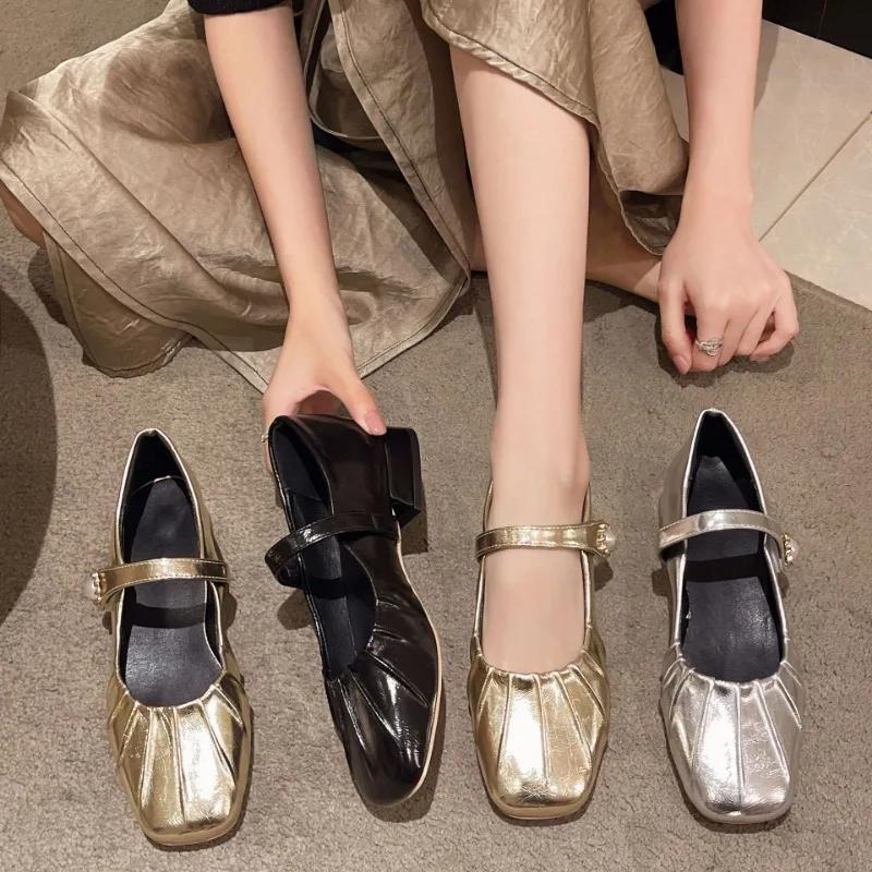Mary Jane Shoes Glossy Leather Ballet Flats  Fashion Pleated Low Heel Single Shoes for Women Soft Sole Casual Shoes Size 44