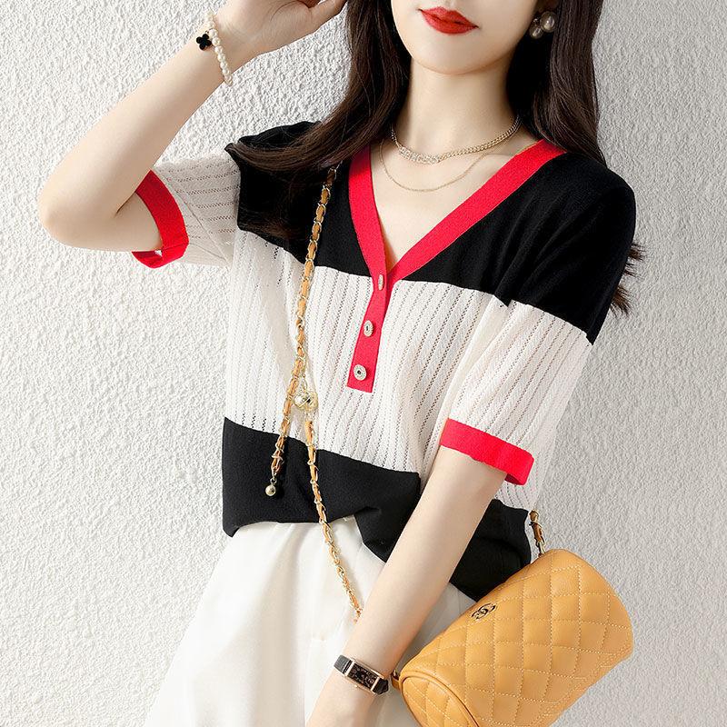 Summer V-neck Striped Patchwork Knitted Top Women Short Sleeve Loose Casual All-match Tee Ladies Buttons Pullovers T-shirt Femme