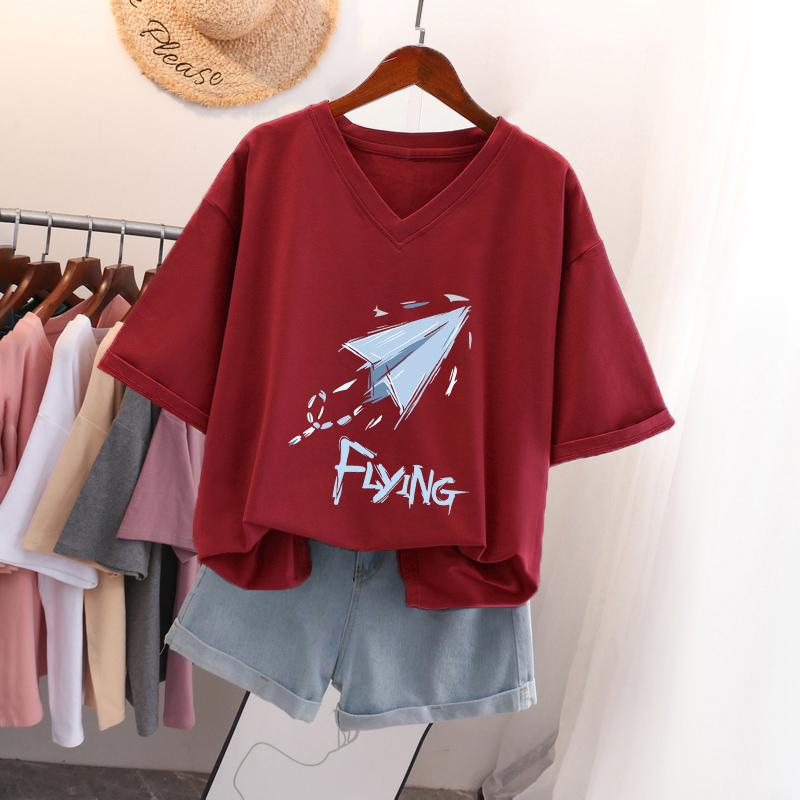 

Short-sleeved T-shirt for Women, Large Size, Loose and Slimming, Printed V-neck Top S бордовий