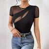 אביב וקיץ נשים סקסית צבע אחיד שרוולים קצרים שחבור נטו חולצה דקה