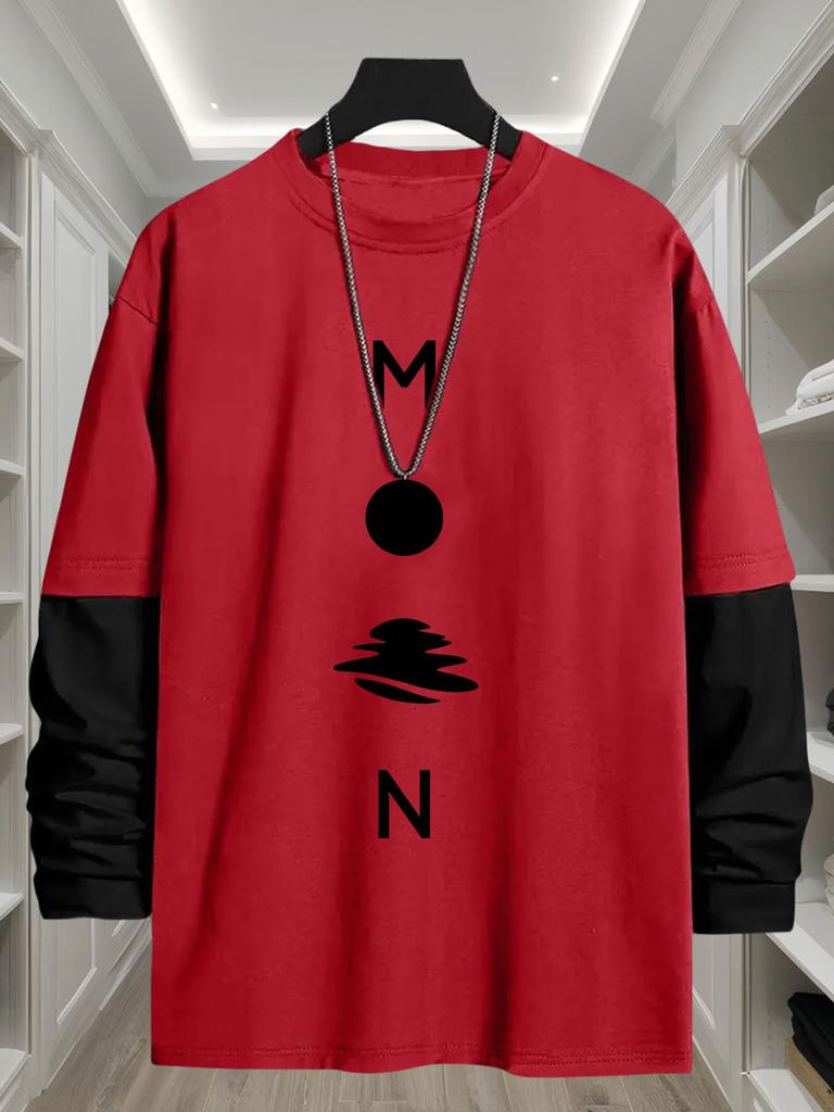 Men's Contrast Overlay Sleeve Long Sleeve T‑Shirt, Breathable Quick Dry Tops, Regular Fit for Urban Stroll Daily Errands Outdoor Commute Leisure Wear