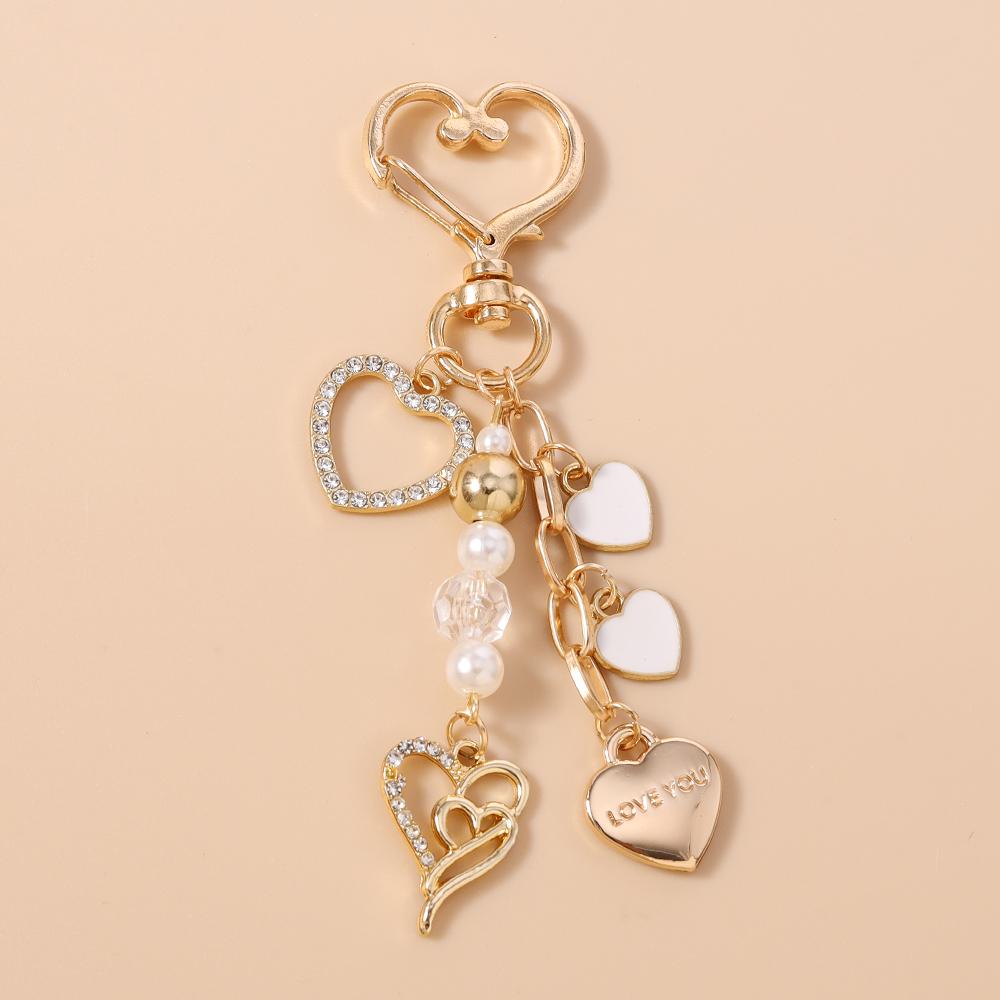 Cute Bowknot Love Heart Keychain Women Girl Pearl Beaded Key Ring Pendants for Handbag Decor DIY Handmade Key Chain Gift