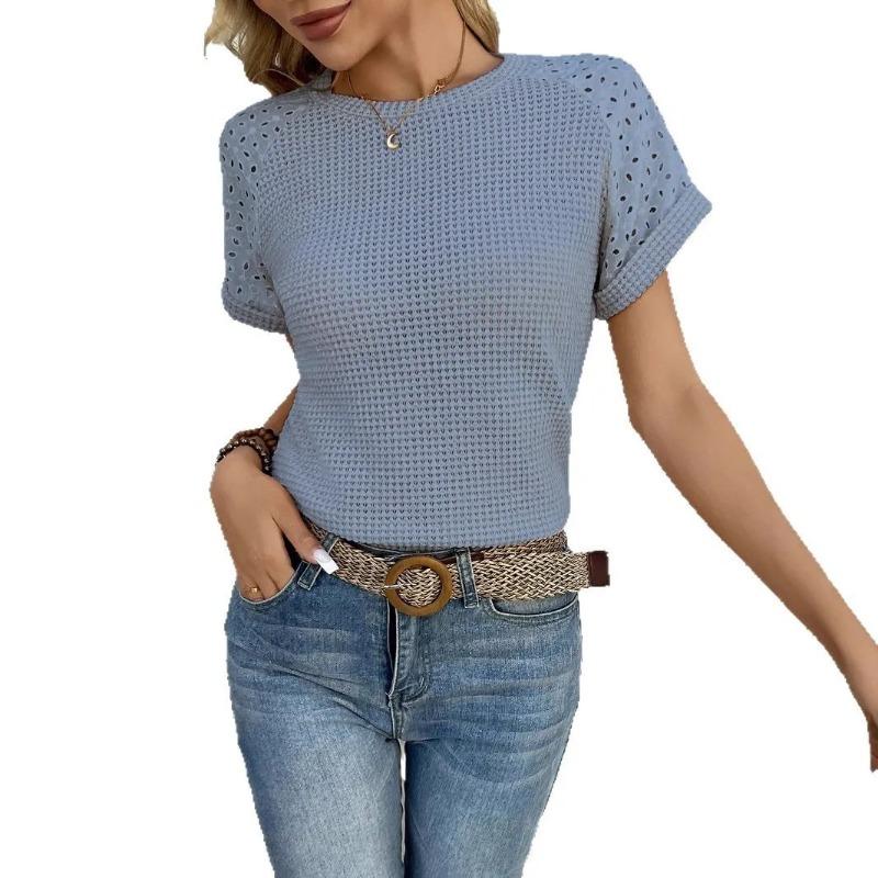 2025 Fashion Women's Blouses New Summer Casual Solid Colors Round Neck Hollow Out Lace Spliced Short-Sleeved Shirt Top For Women