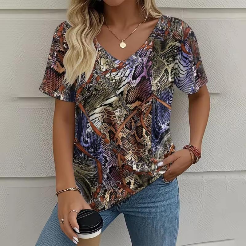 Summer Vintage Women's T-shirt Casual Graphic 3D Print Oversize Clothing Outdoor V-neck Short Sleeve Top Street Fashion T-Shirts