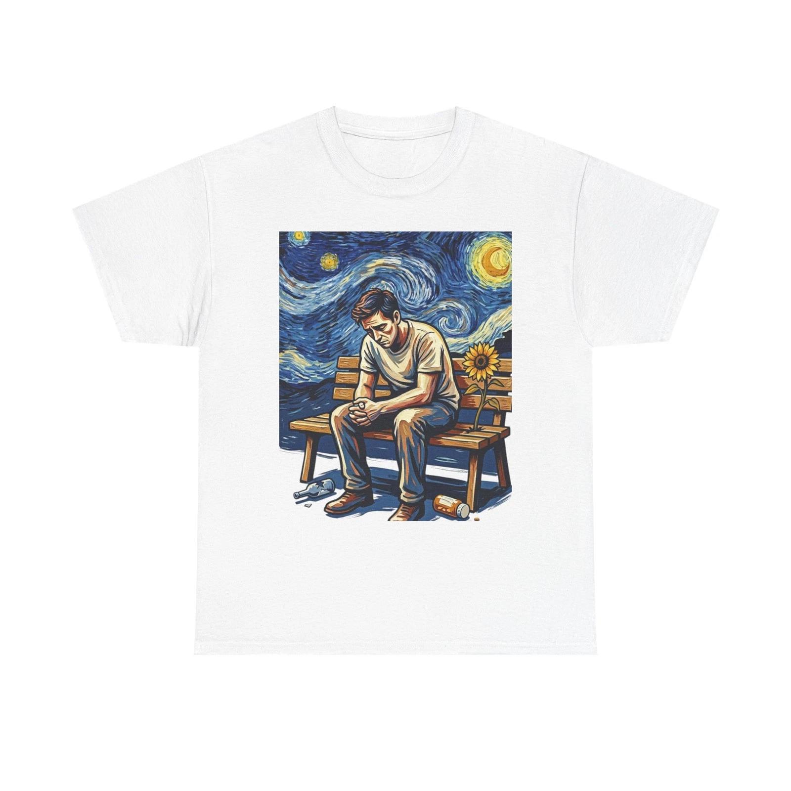 

Lonely Man on Bench T-Shirt | Starry Night Sunflower Tee M