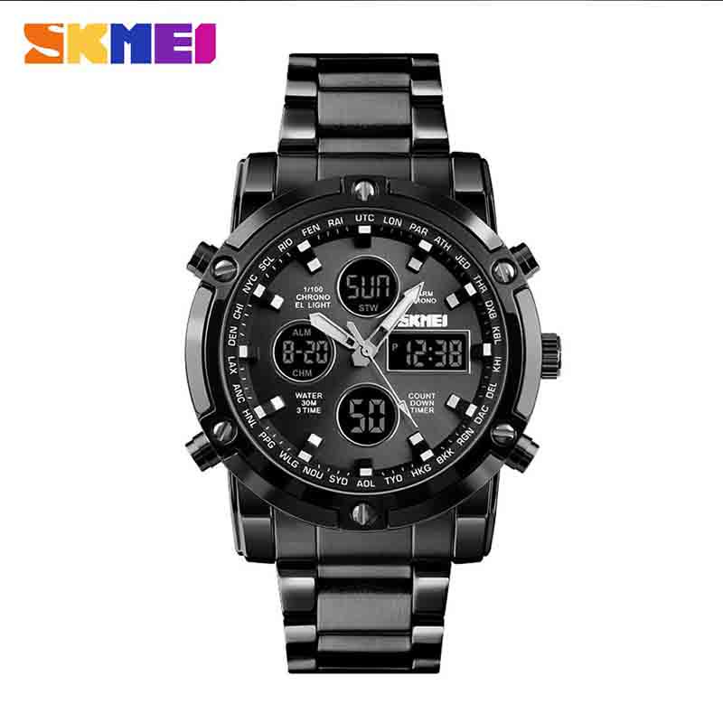 

SKMEI спортивные часы с несколькими часовыми поясами, мужские цифровые кварцевые наручные часы из нержавеющей стали 1389 чёрный