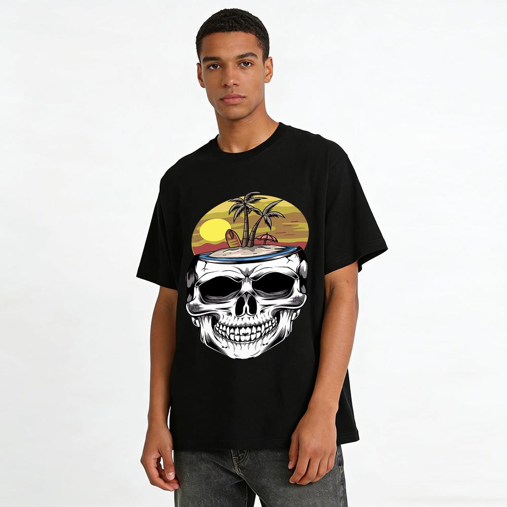 Vintage Skull Island Vacation Print Casual Short Sleeve Pure Cotton T-shirt