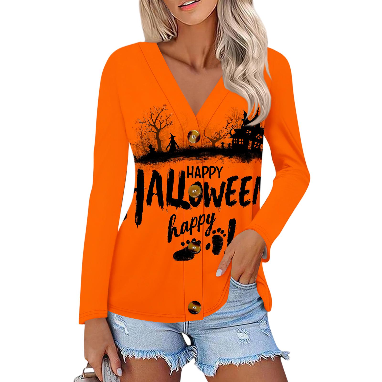 

Ladies Fashionable And Casual Halloween Printed Button Up Shirt Long Sleeved Top XL