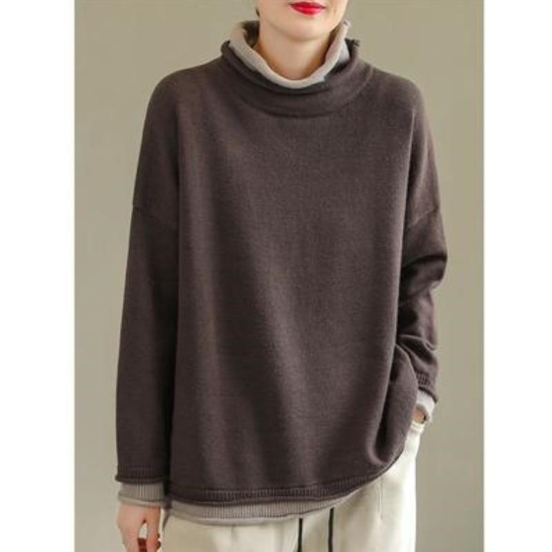 Women's Fall/Winter Vintage Color-Block Pullover Sweater Loose-Fit Casual Knit Sweater