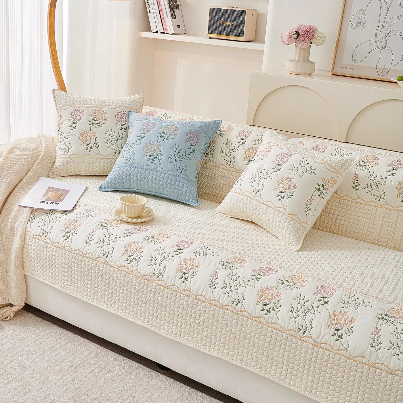 All Cotton Embroidered Sofa Cushion Four Season Universal Fabric Anti Slip Pastoral Style Sofa Cover Straight Row Cushion 70x70cm 1pc A
