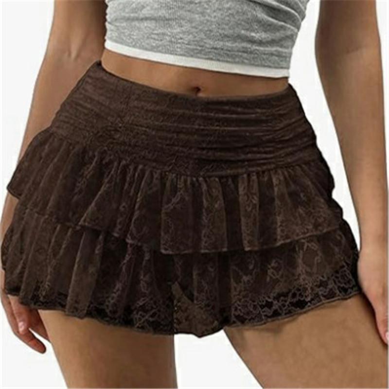 Süßer Rüschen Bloomers Rock Damen Sommer Spitze Floral Rock Hoher Bund Mehrlagig Gerüscht Fließend Kurz Mini A-Linie Rock