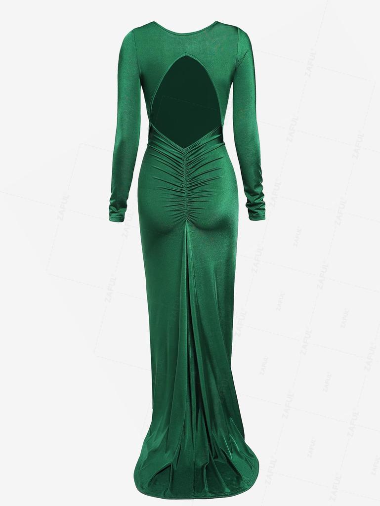 ZAFUL Women's Sexy Elegant Evening Gown Prom Solid Color Long Sleeve Ruched Open Back Mermaid Train Maxi Dress
