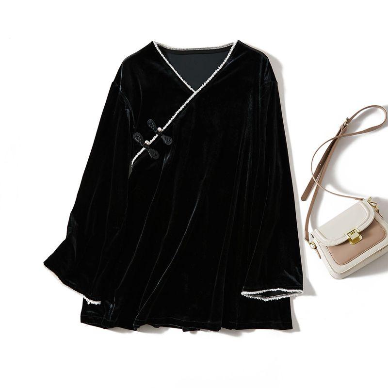 

French Style Court Style Oversize Big Shirt! Women s Real Velvet Beaded Buckle Bandage Dress Loose T-shirt Forced Black(Attention to large orders) L