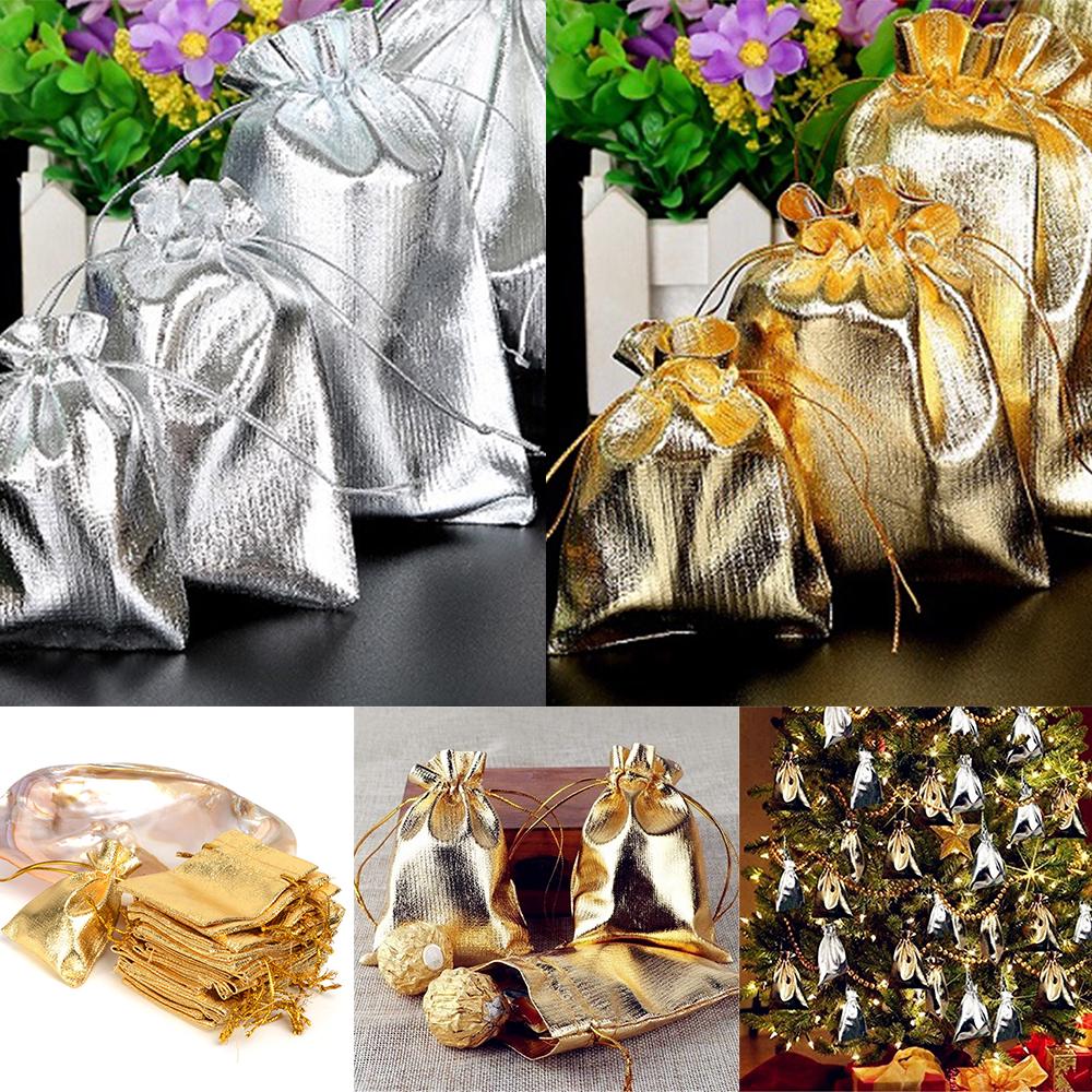 50pcs Gold Silver Metallic Organza Drawstring Pouches Candy Gift Bag For Wedding Christmas Candy Gift Bags Jewelry Packing