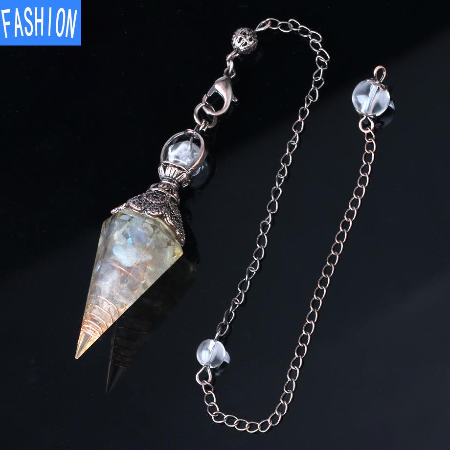 Colorful Crystal Pendulum Bronze Fashion Natural Gravel Resin Spring Hexagonal Cone Pendant