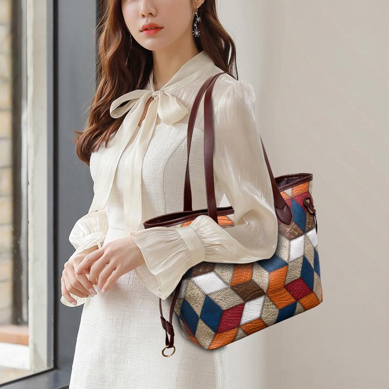 Face-washing and Splicing Large-capacity Mother Bag New Street Fashion Fashion One-shoulder Hand-slide Women's Bag