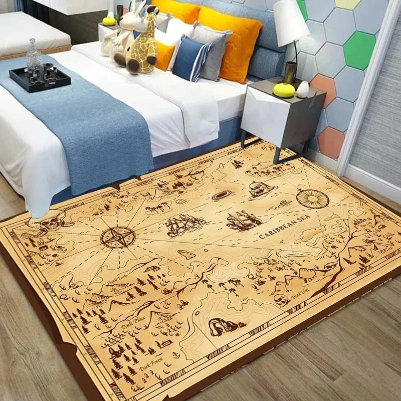 Retro Treasure Map Area Rug Carpet for Living Room Bedroom Children Play Mat Sofa Chair Home Decor Floor Mat Bedroom Decor Rugs