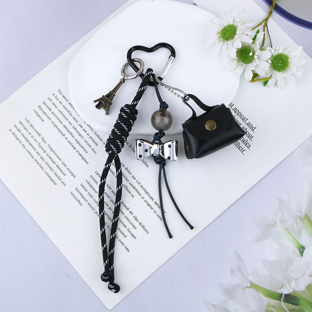 Leather Rope Keychain  Cherry Bow Cute Heart Bag Pendant 3D Creative Cartoon Keyring Anti-Lost Mobile Phone Lanyard