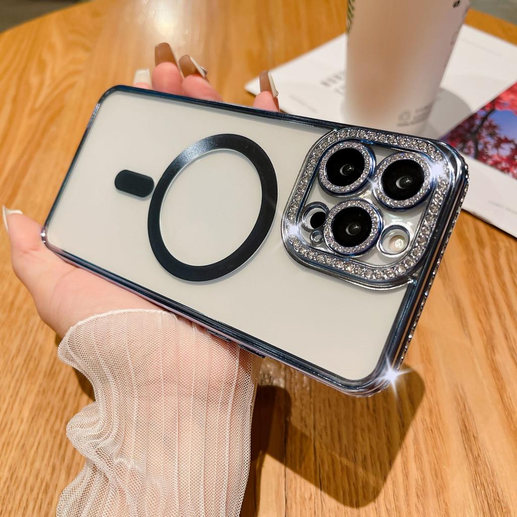 Color diamond mobile phone case Magnetic flash drill mobile phone case Edge drill, suitable for 14PROMAX lens electroplating magnetic mobile phone ca