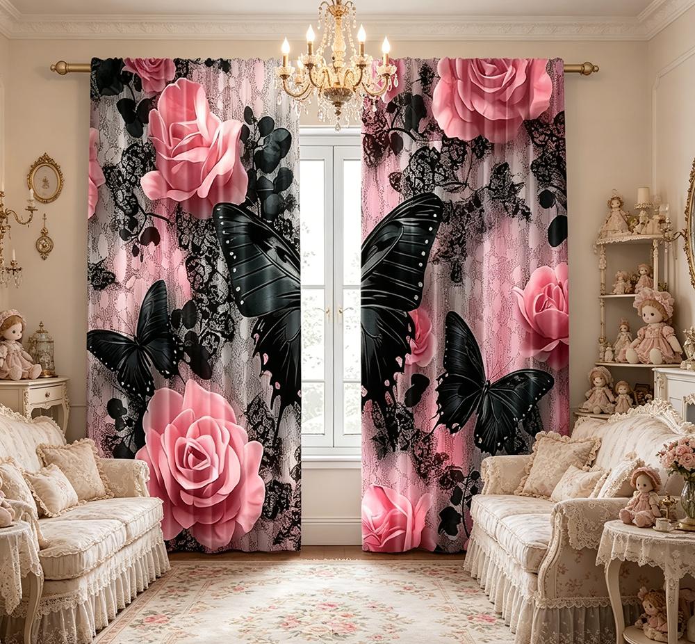 2PCS Digital Printed Curtains, Black Butterfly Dark Rose Gothic Mysterious, Home Decor Style for Living Room Bedroom Decor