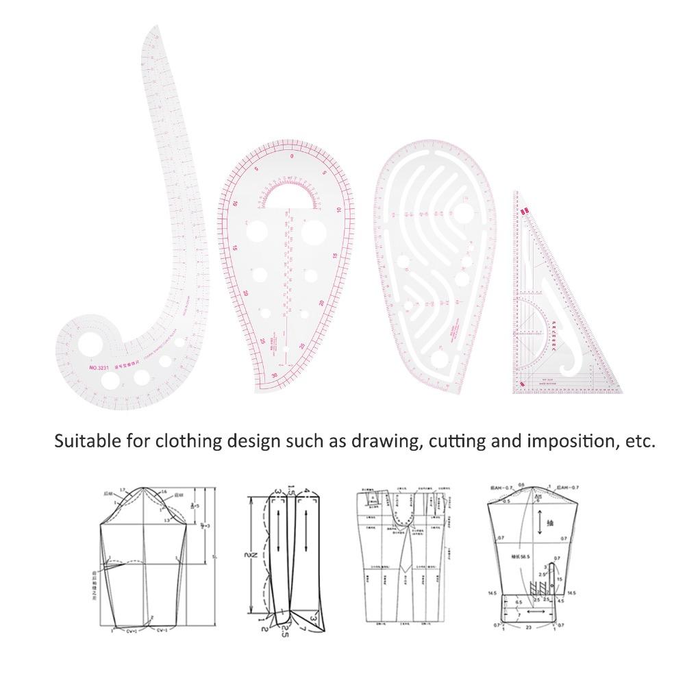 4Pcs Clear Transparent Sewing Ruler Kit Multi-Function Pattern Making Ruler For Tailors