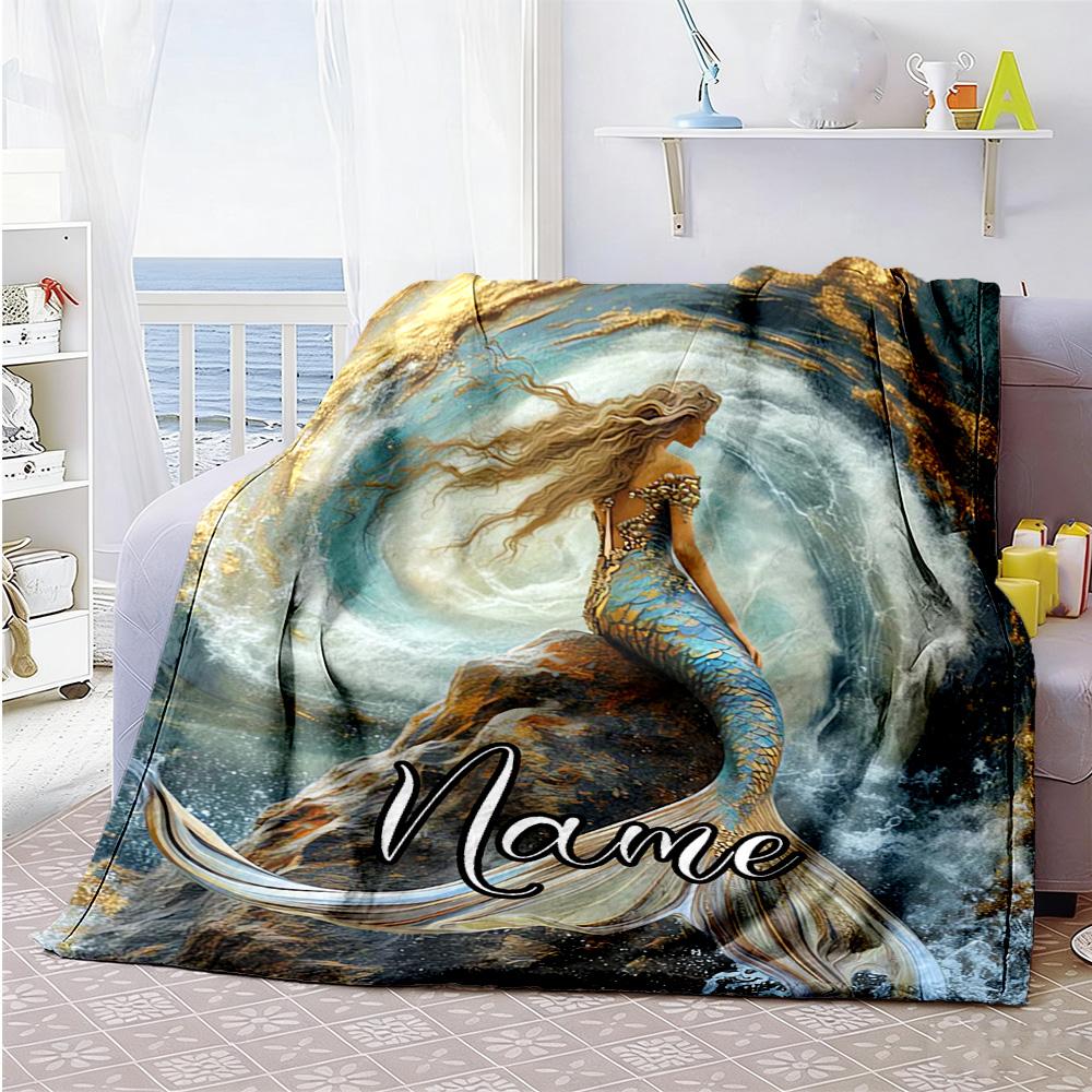 Mermaid Personalized Name Blanket Lightweight Personalized Blanket Warmthful Decor Perfect for Nap Office Bed Couch Four Seasons Universal