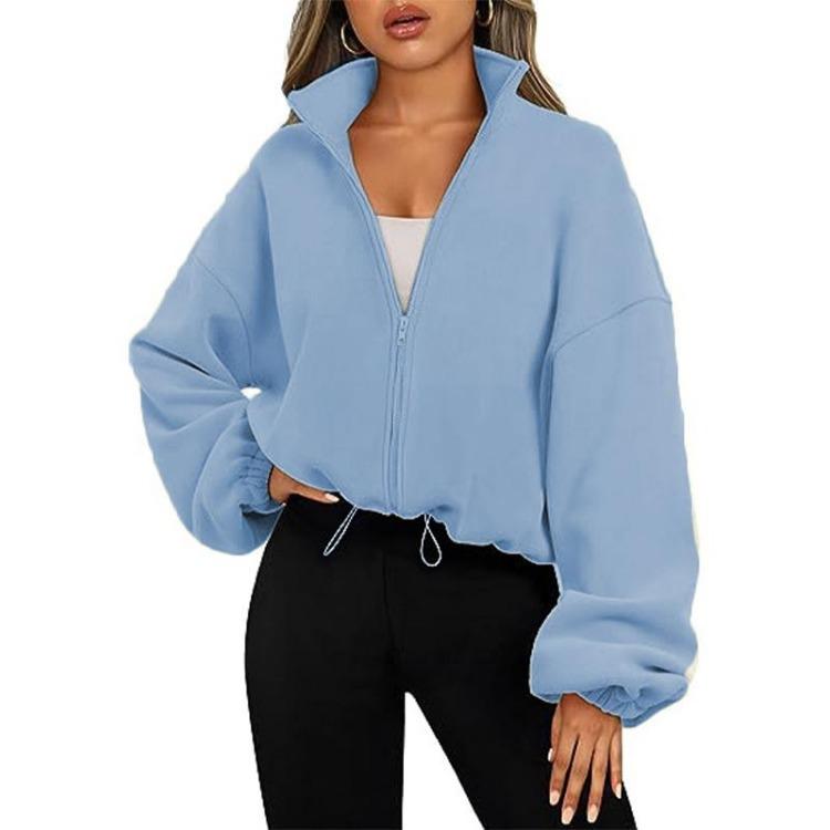 Women Solid Color Velvet Sporty Casual Coat Top Stand Collar Zipper Sweatshirt