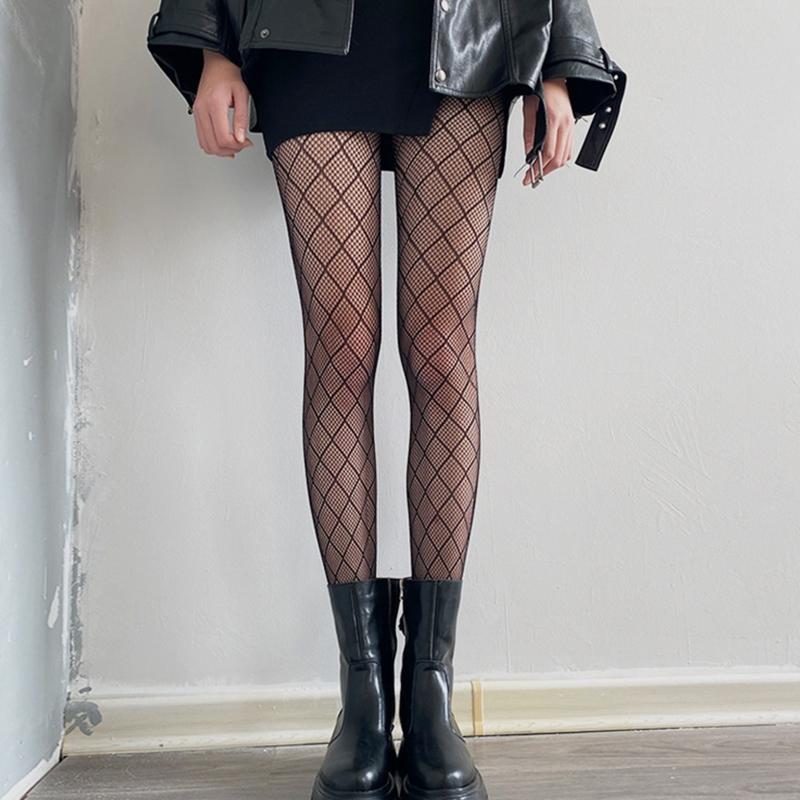 Women Diamond Rhombus Stockings Retro Sexy Hollow Out Stocking Black Pantyhose Nylon Patterned Socks Fishnet Tights