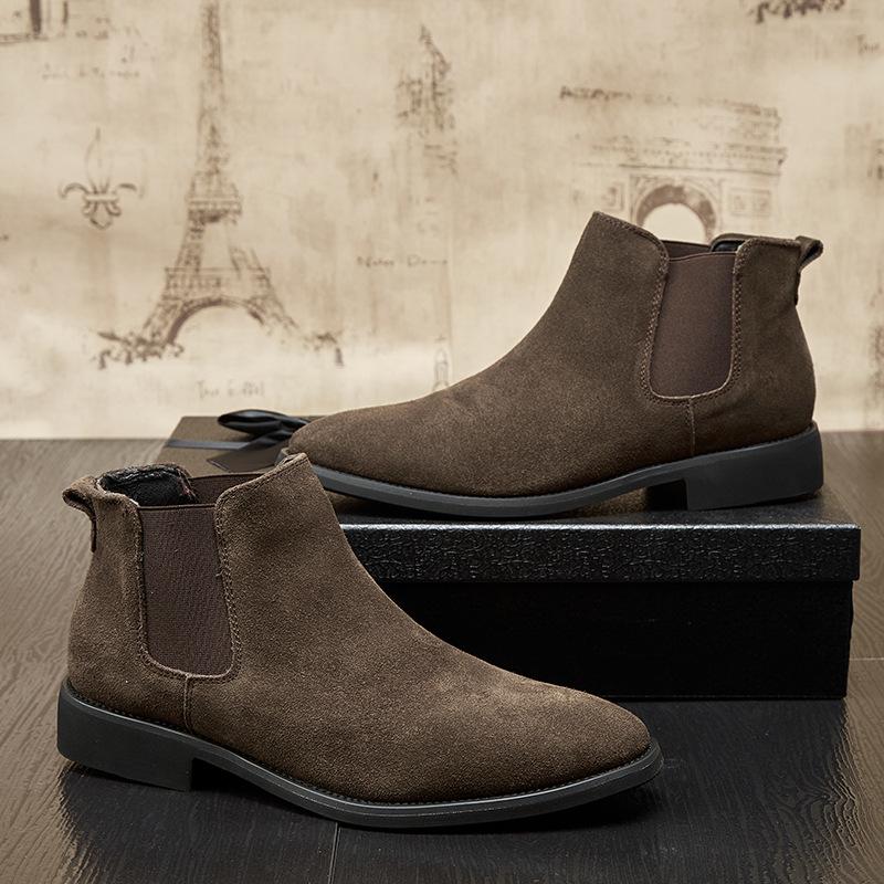 Large Size Chelsea Boots Men's Summer Breathable British Style Pointed Fur Short Boots High Top Leather Shoes Medium Top Martin Boots