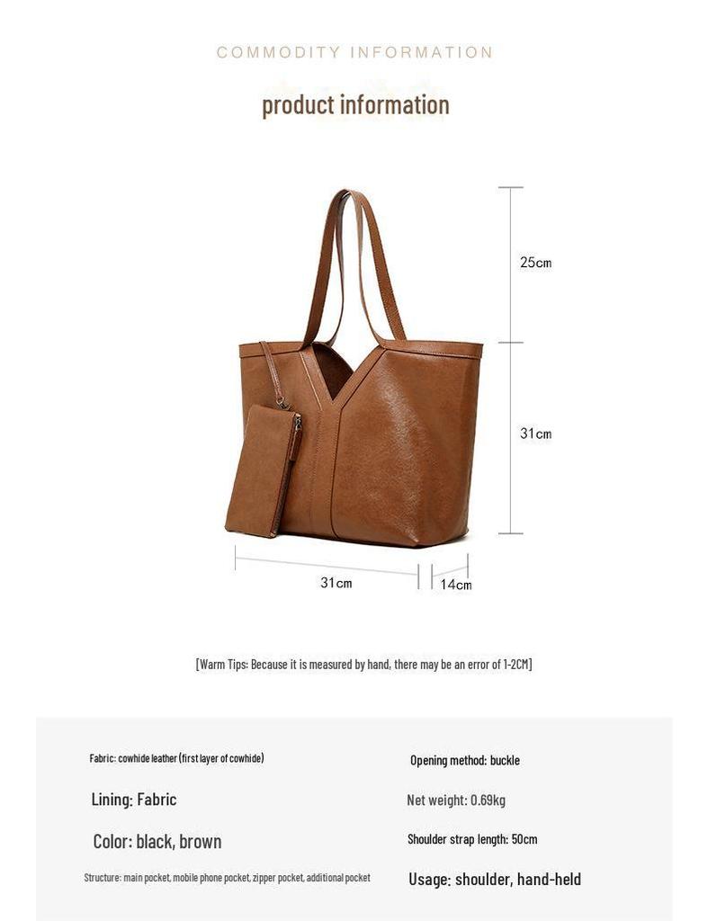 Sac fourre-tout et sac à bandoulière en cuir véritable pour femme de style coréen d'automne 2024, sac à main en cuir de vache de grande capacité.