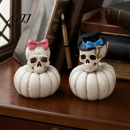 Versatile Festival Scene Decorations Gothic Skull Pumpkin Statue, Halloween Bride Groom Figurine, Pink Bow On Ornament for Desktop Mantel Decor Unique