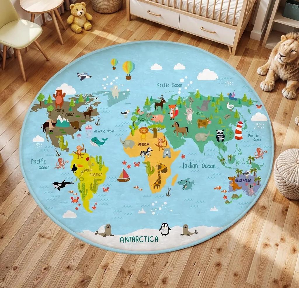 Children's Play Round Floor Mat Animal World Map Printed Carpet Children's Bedroom Bedside Non Slip Foot Mat Home Decoration