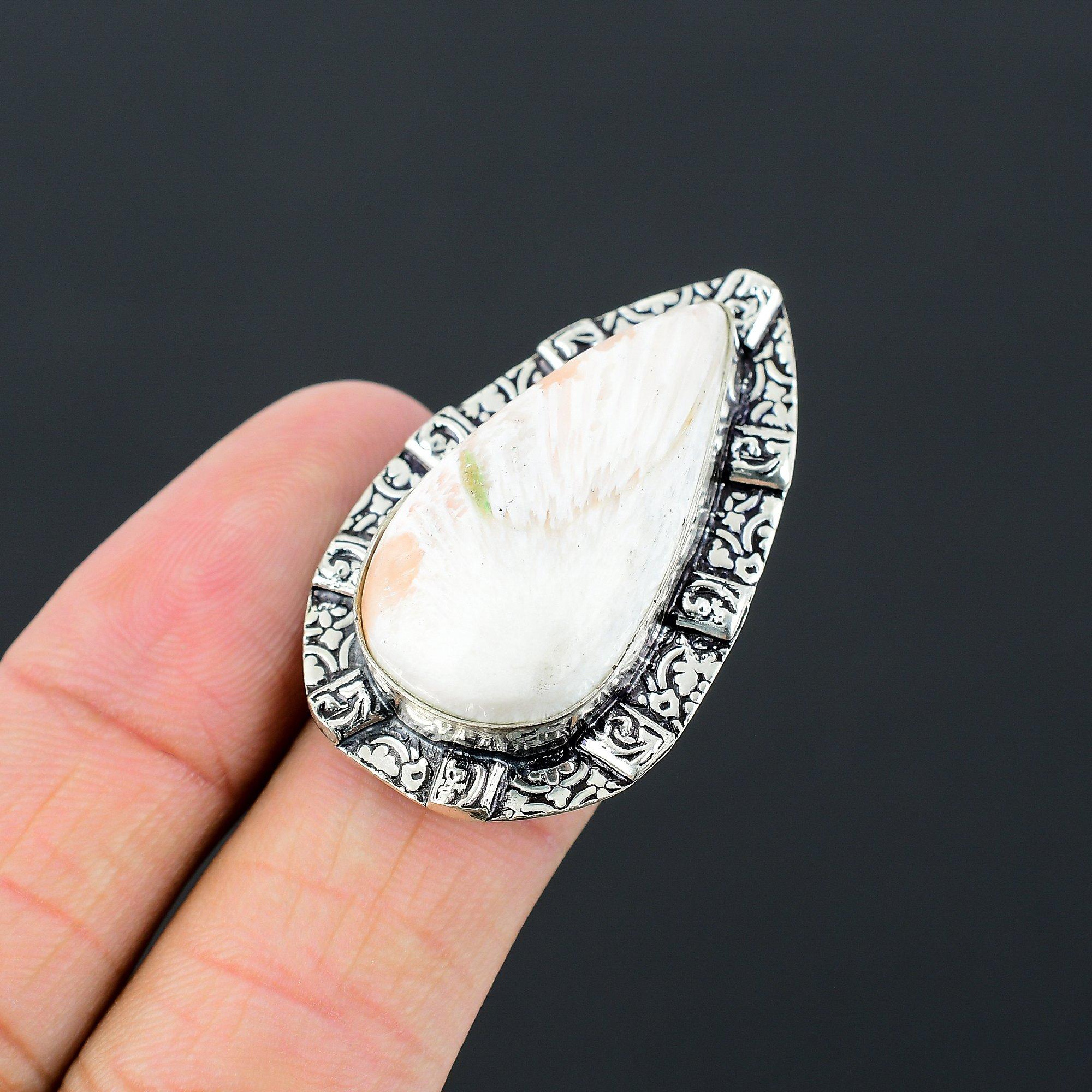 Pear Natural Scolecite Promise Crown Chakra Ring Size 6.75 925 Sterling Silver 6.75