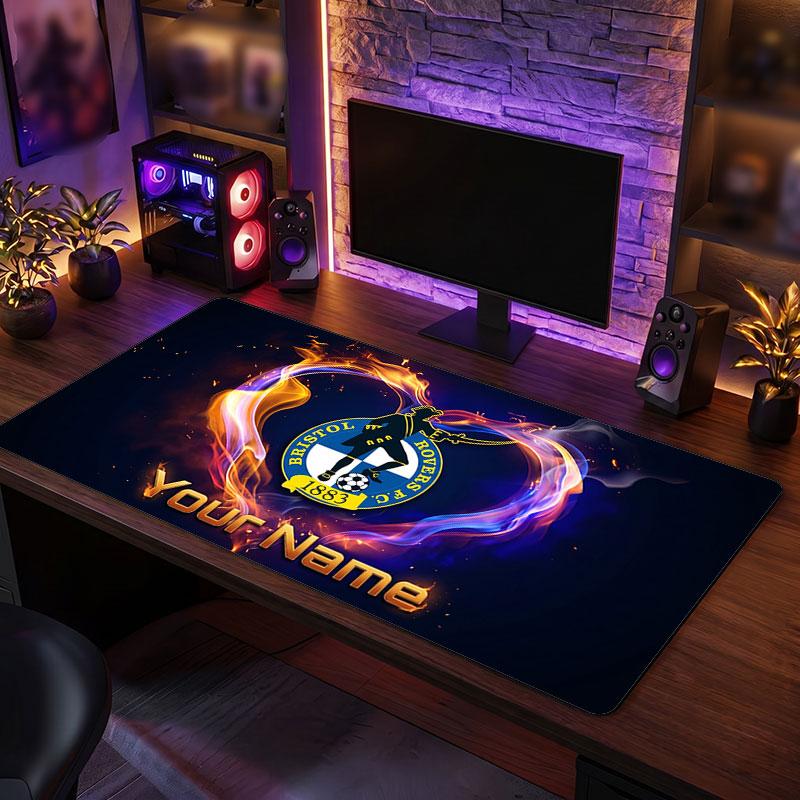 Bristol Rovers Custom Large Mouse Pad, Personalized Name Text Print, Football Logo Non‑Slip Desk Mat Gaming Gift