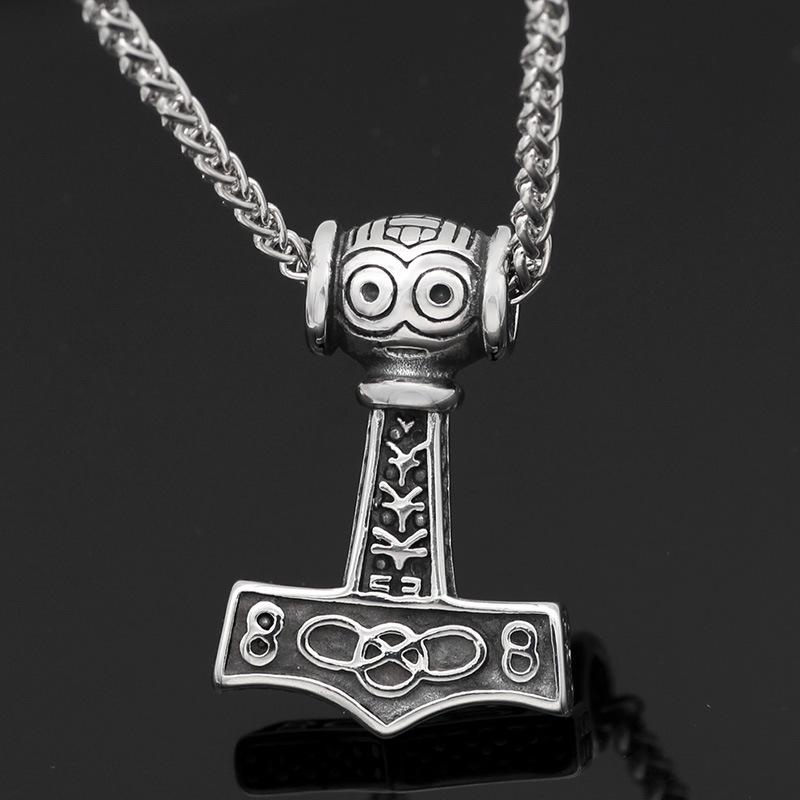 Titanium Steel Viking Thor's Hammer Pendant Necklace with Odin Symbol