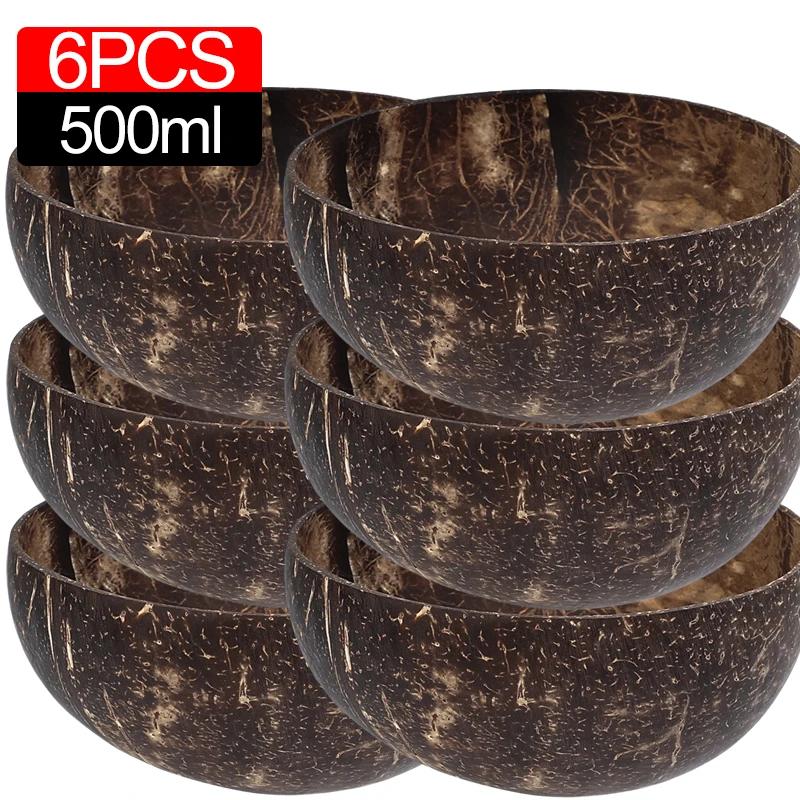 6/1PCS Natural Coconut Bowl Set Wooden Salad Ramen Bowl Coconut Wood Spoon Set Coco Smoothie Kitchen Tableware Coconut Bowl