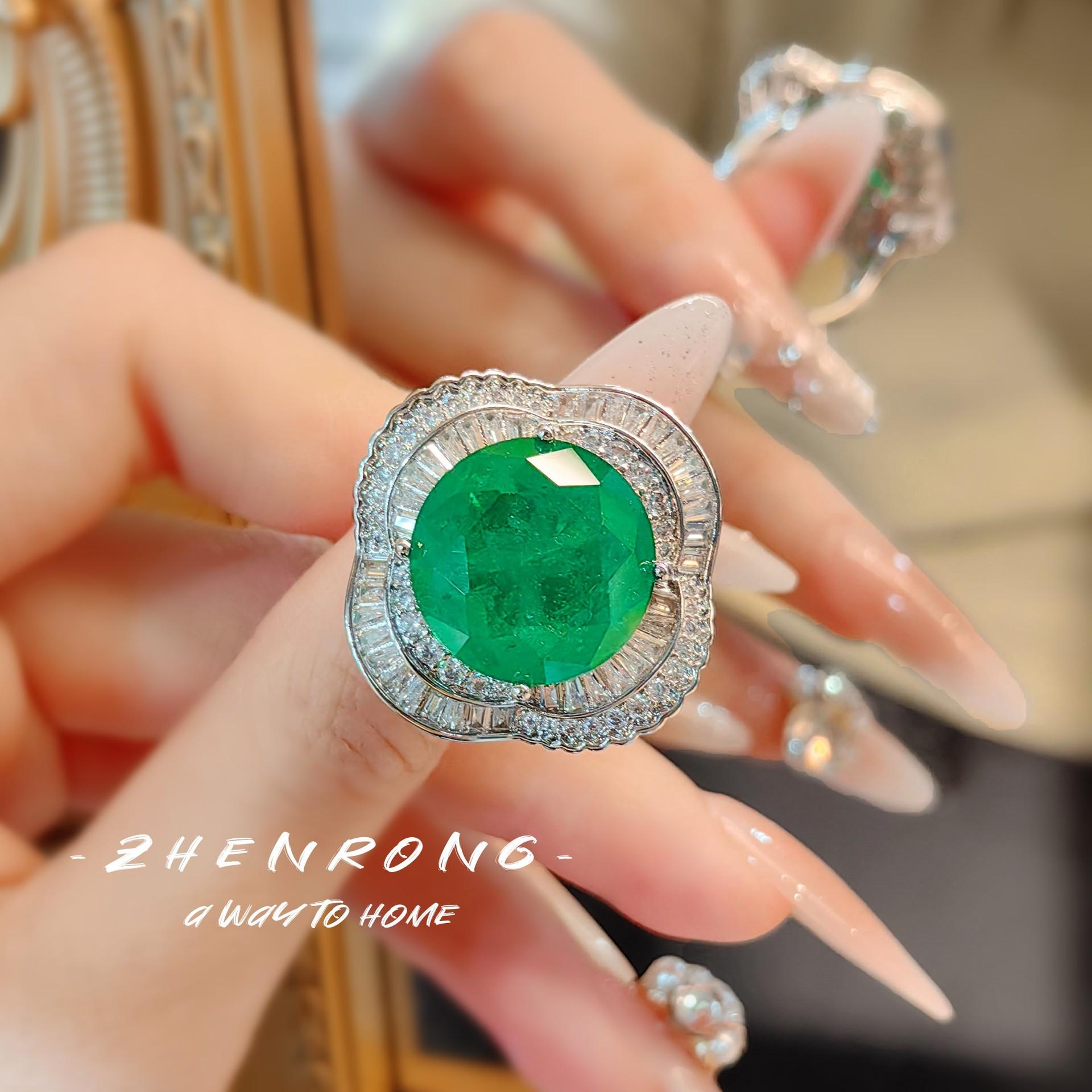 

Exquisite Round Cut Tourmaline Emerald Jewelry Sets Luxury Platinum Plating Round Shape Retro Ring Earring Necklace Accessories